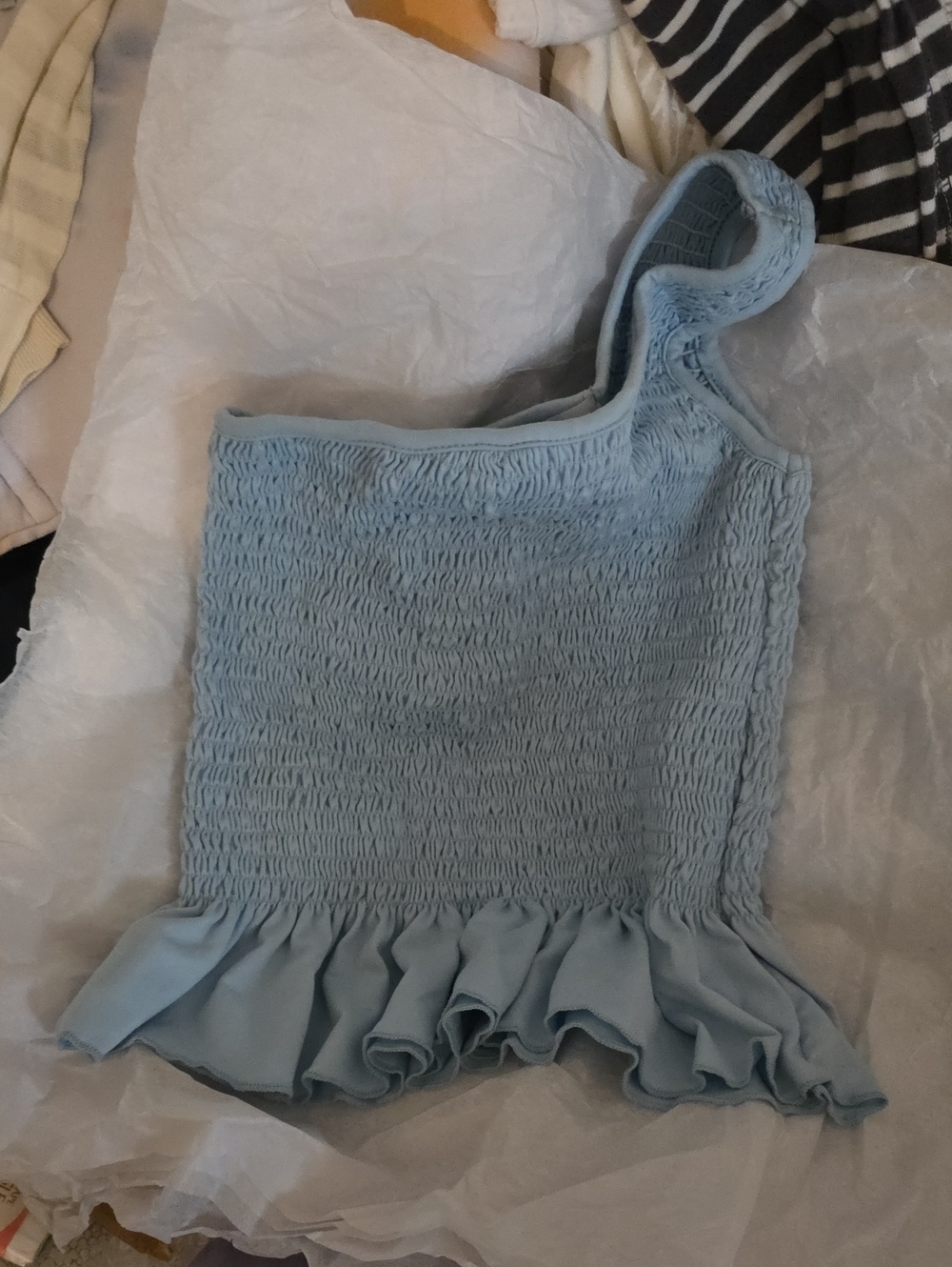 gaze Light Blue Smocked One-Shoulder Ruffle Crop Top